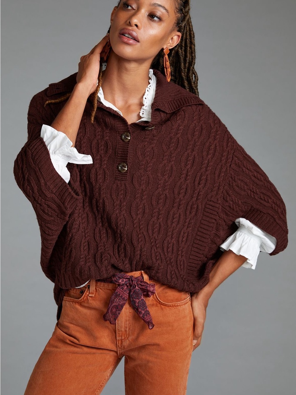 By ANTHROPOLOGIE Cable-Knit Buttoned Poncho